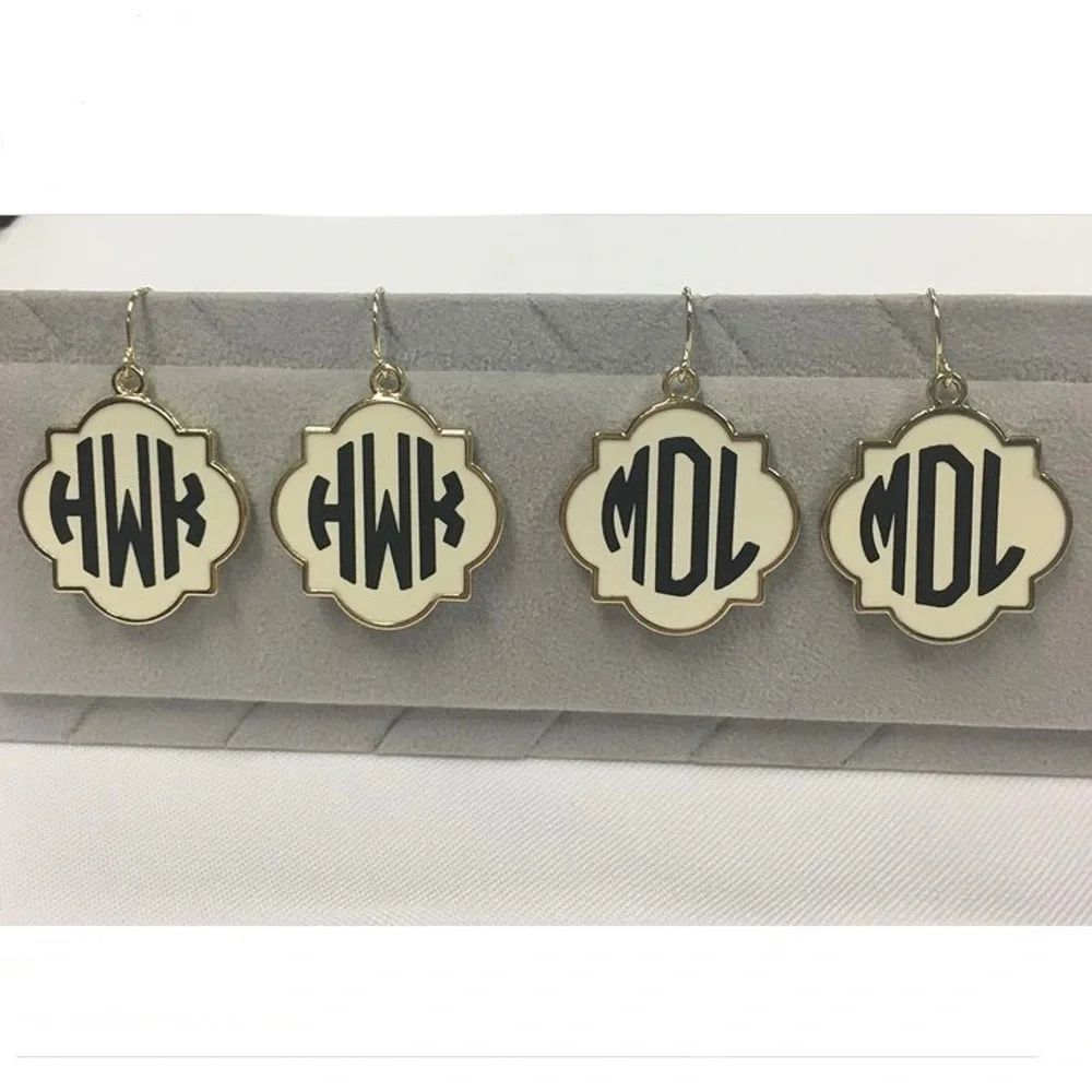 Custom Monogram Earrings Dangly Quatrefoil Cream Gold Pink Black Silver White